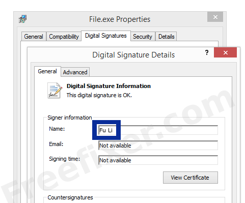 Screenshot of the Fu Li certificate